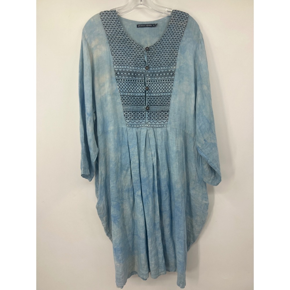 Gudrun Sjoden Blue Cloud Wash Linen Embroidered Cocoon Dress XL Womens